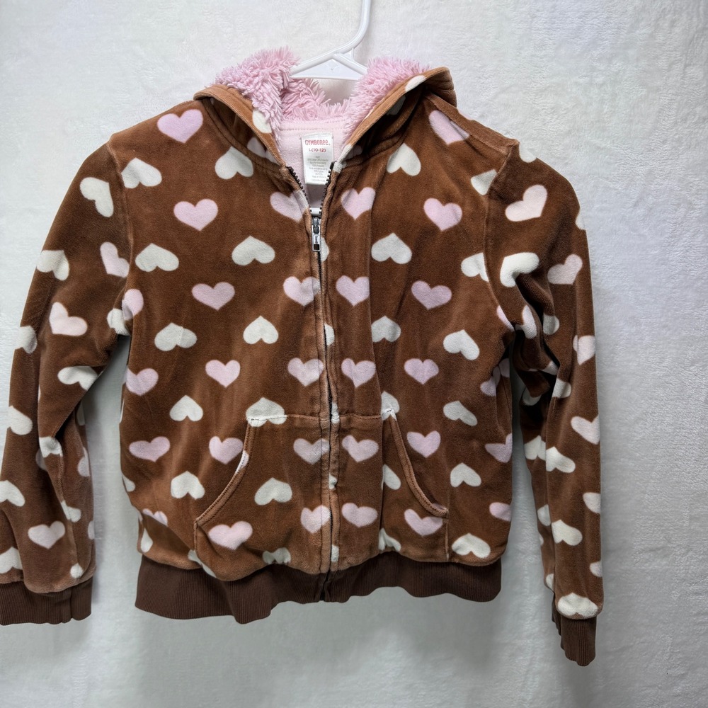 Gymboree Girls Brown Pink Heart Velour Zip Up Hoodie Faux Fur Hood L 10-12